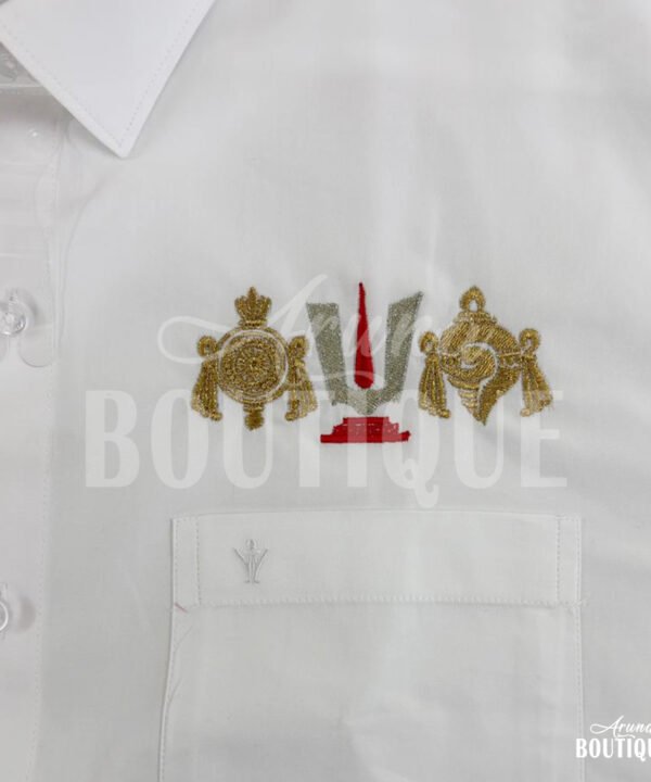 Govinda-Namalu-Tirumala-Aruna-Boutique-Ramraj-Shirt Sri Venkateswara Swamy Namalu Embroidery on Ramraj Pure Cotton White Shirt
