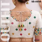 Multicolor floral embroidery blouse design fabric on white cream cotton silk