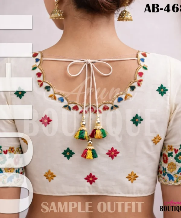 Multicolor floral embroidery blouse design fabric on white cream cotton silk