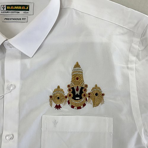 sri-venkateswara-swamy-embroidery-shirt-front-pocket-above-aruna-boutique Venkateswara Swamy Face Embroidery on Ramraj Pure Cotton Shirt