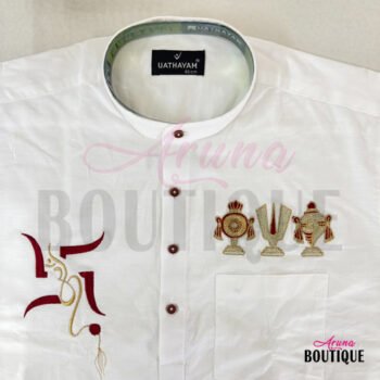 Swasthik & Govinda Namalu Embroidery - Uathayam Chinese Collar White Shirt